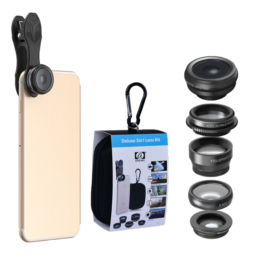 APEXEL 5-in-1 Camera Lens Kit with Fish Eye, Macro, Wide Angle & 2x Telephoto Lens with CPL Filter